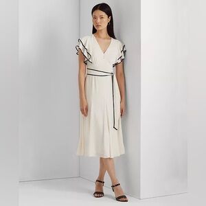 Ralph Lauren Cream Midi Dress Navy Blue Trim NEW NWT orig $195 belted
